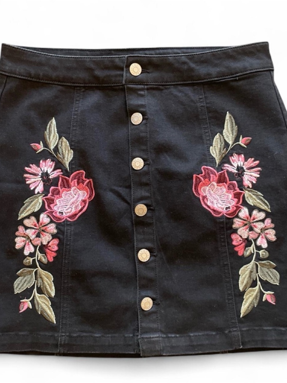 Guess Black Mini Skirt with Pink Floral Embroidery
